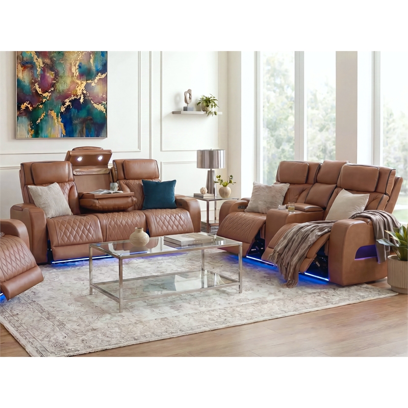 Jazz Lt Brown Faux Leather Pwr Recl.Sofa Set+BT Spkrs+LED+Wrls Chrg+USB+Cuphldrs