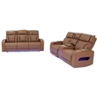 Jazz Lt Brown Faux Leather Pwr Recl.Sofa Set+BT Spkrs+LED+Wrls Chrg+USB+Cuphldrs