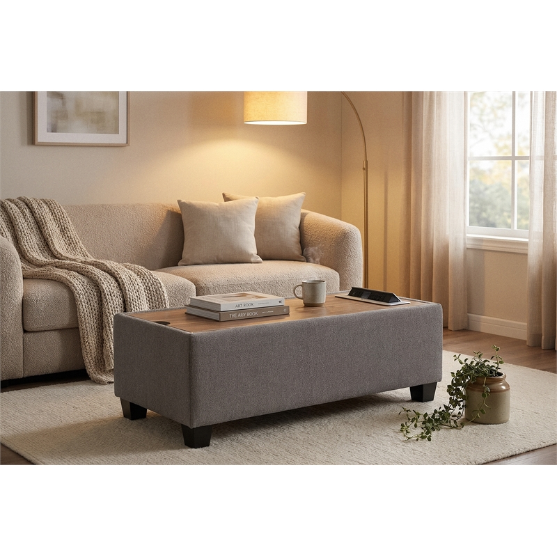 Madison Light Gray Uph. Storage Ottoman Console Tbl w/Wooden Top+USB+AC Ports