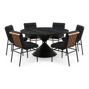 Haven 7Pc 59&quot Rd Ebony Black Wood Hourglass Pedestal Dining Set+Blk Boucle Chrs