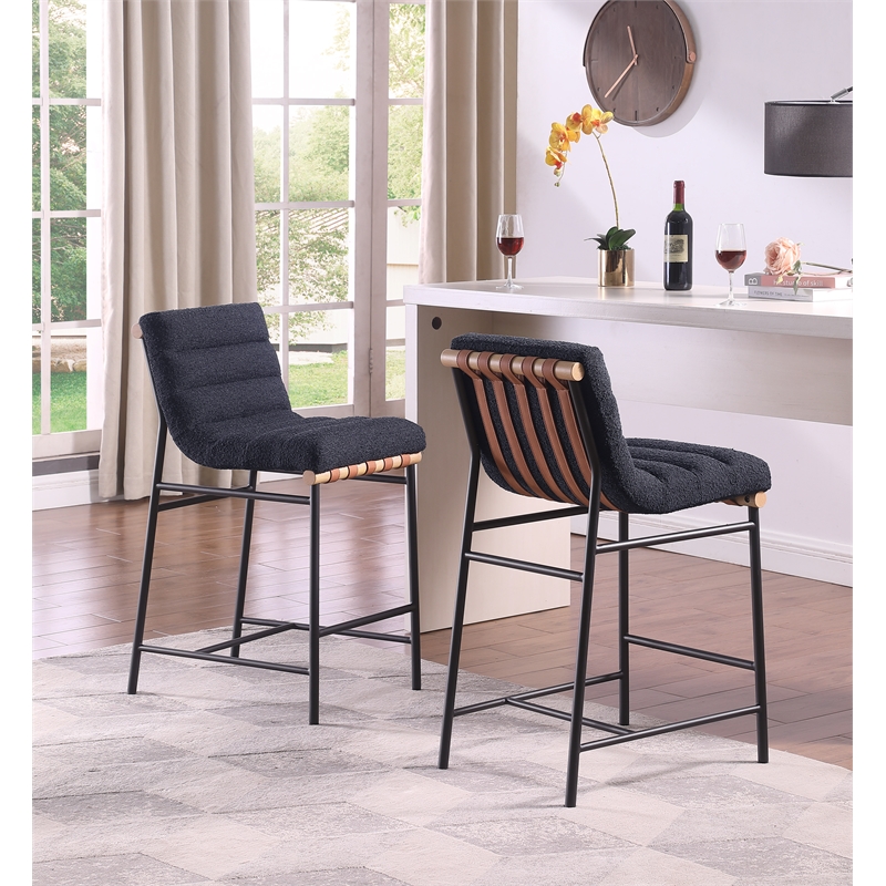 Lahni Set of 2 Black Boucle 26-inch Counter Stools with Iron Legs