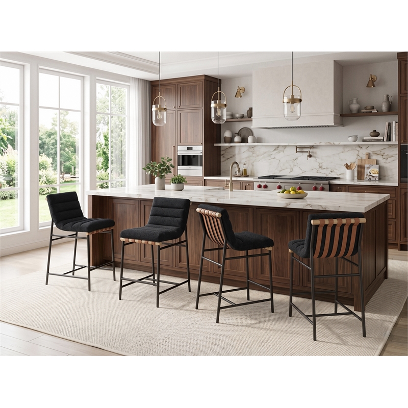 Lahni Set of 4 Black Boucle 26-inch Counter Stools with Iron Legs