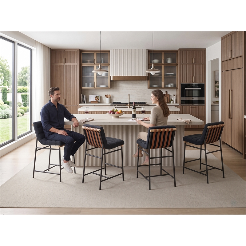 Lahni Set of 4 Black Boucle 26-inch Counter Stools with Iron Legs