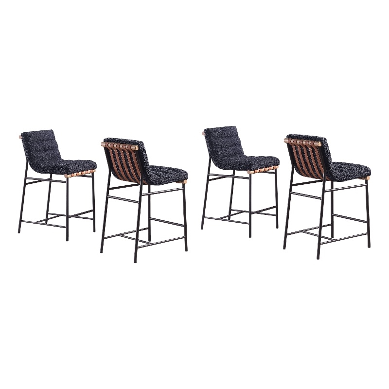 Lahni Set of 4 Black Boucle 26-inch Counter Stools with Iron Legs