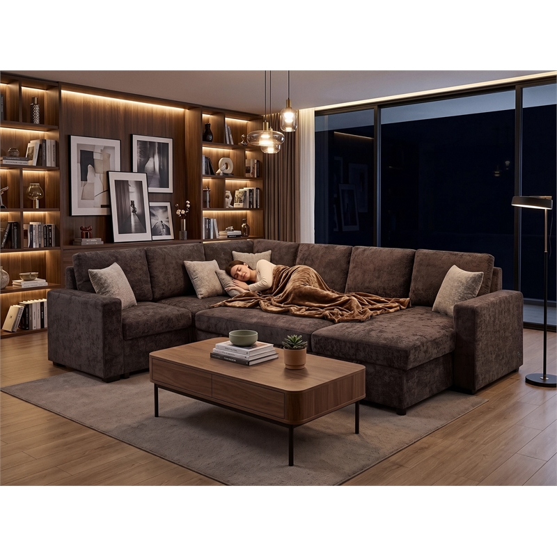 Esmeralda 122-inch Chocolate Chenille Modular Sleeper Sectional Sofa