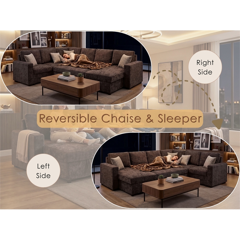 Esmeralda 122-inch Chocolate Chenille Modular Sleeper Sectional Sofa