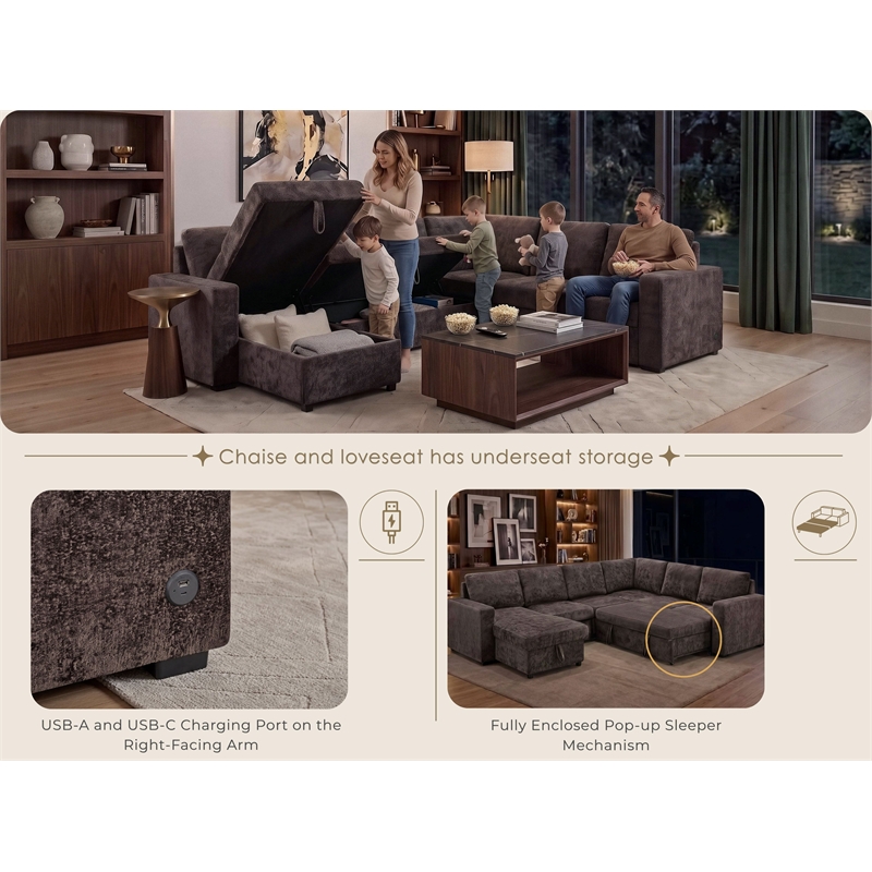 Esmeralda 122-inch Chocolate Chenille Modular Sleeper Sectional Sofa