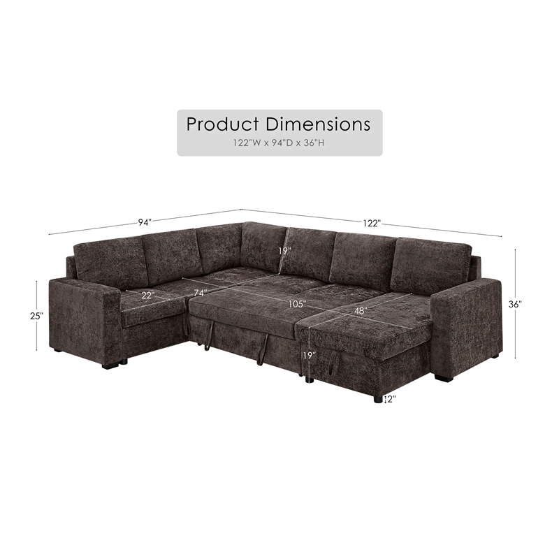 Esmeralda 122-inch Chocolate Chenille Modular Sleeper Sectional Sofa