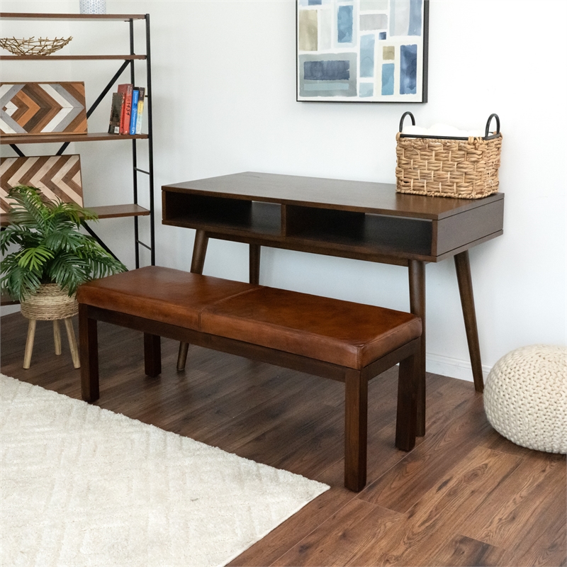 Komodo Mid-Century Modern Stitched Genuine Leather Upholstered Bench in Tan