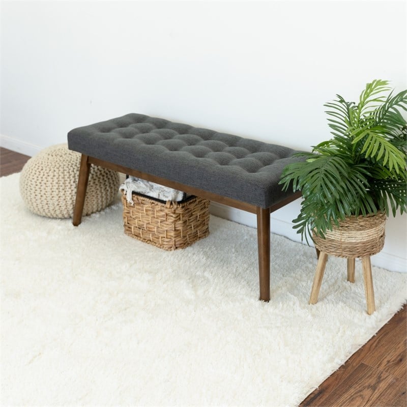 Allen Mid-Century Modern Fabric Button-Tufted Upholstered Bench in Gray