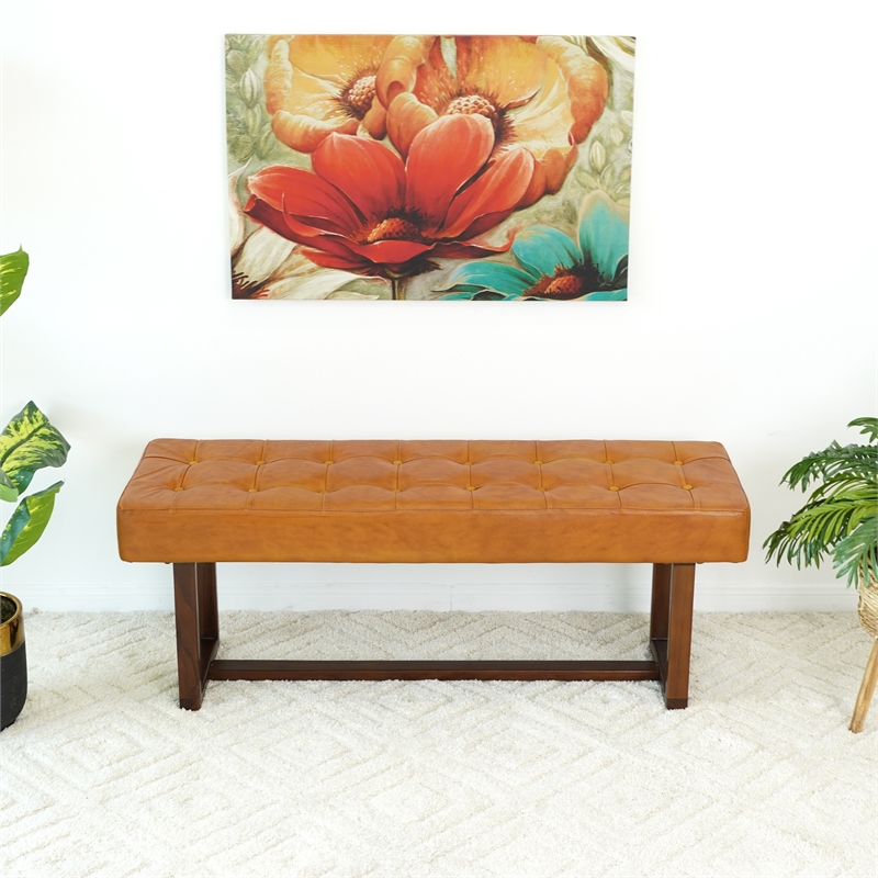 Espresso Mid-Century Modern Rectangular Genuine Leather Bench in Tan