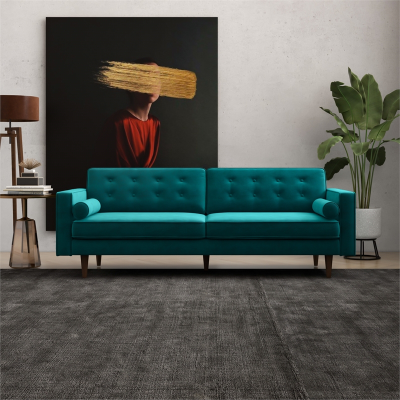 Harriet Mid Century Style Tufted Velvet Sofa Couch for Living Room in Turquoise