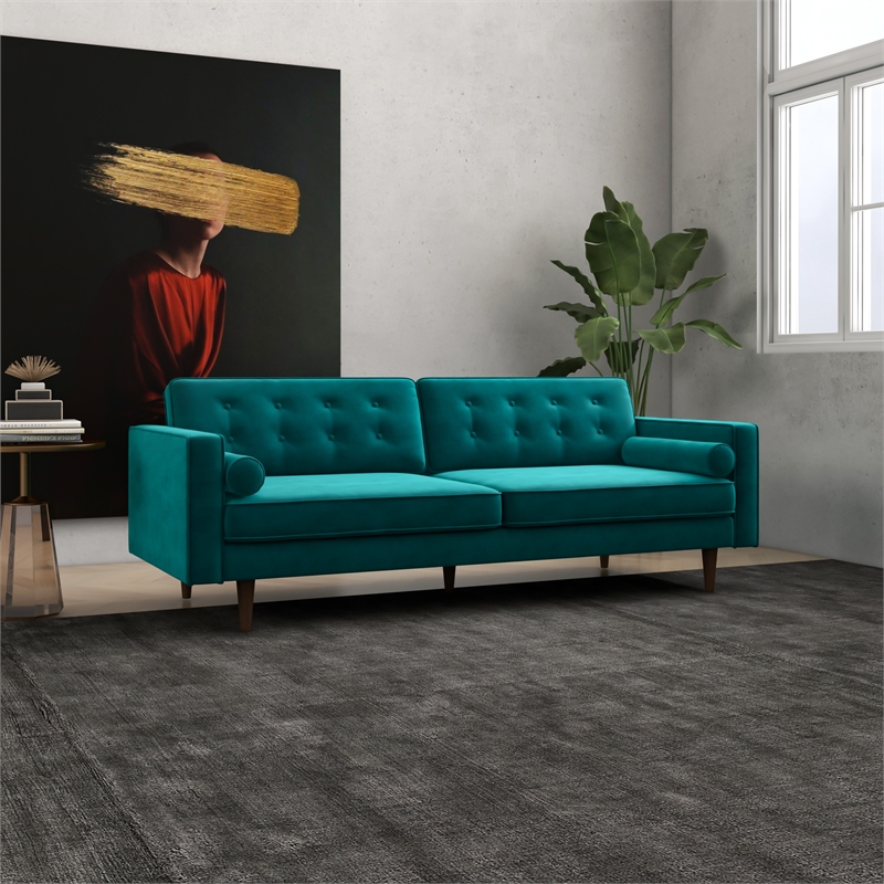 Harriet Mid Century Style Tufted Velvet Sofa Couch for Living Room in Turquoise