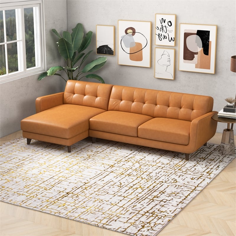 Ashcroft Davis Modern Top Leather Corner Sectional Couch in Tan