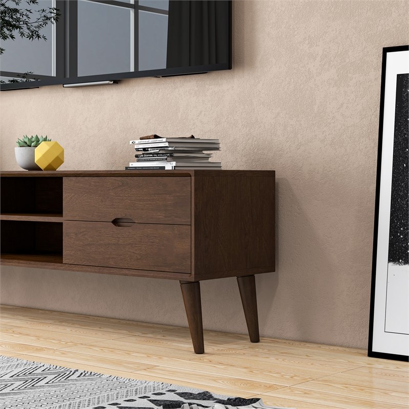 Lennon Mid Century Modern Brown Wood TV Stand with 6 Storage Cabinet