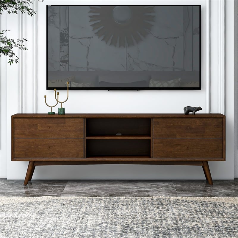 Vicenza Mid Century Solid Wood Walnut TV Stand with 6 Storage Cabinet
