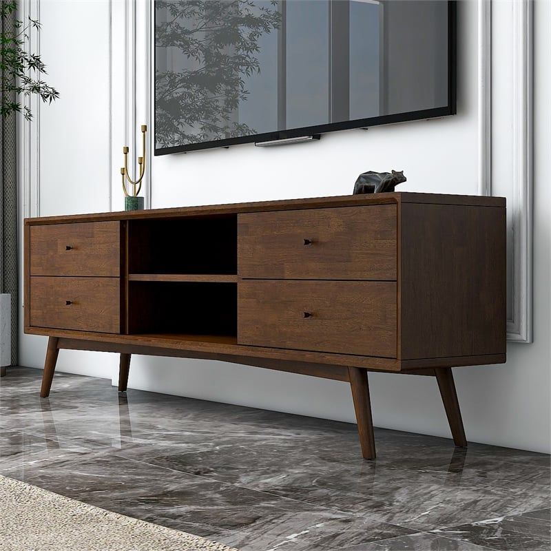 Vicenza Mid Century Solid Wood Walnut TV Stand with 6 Storage Cabinet