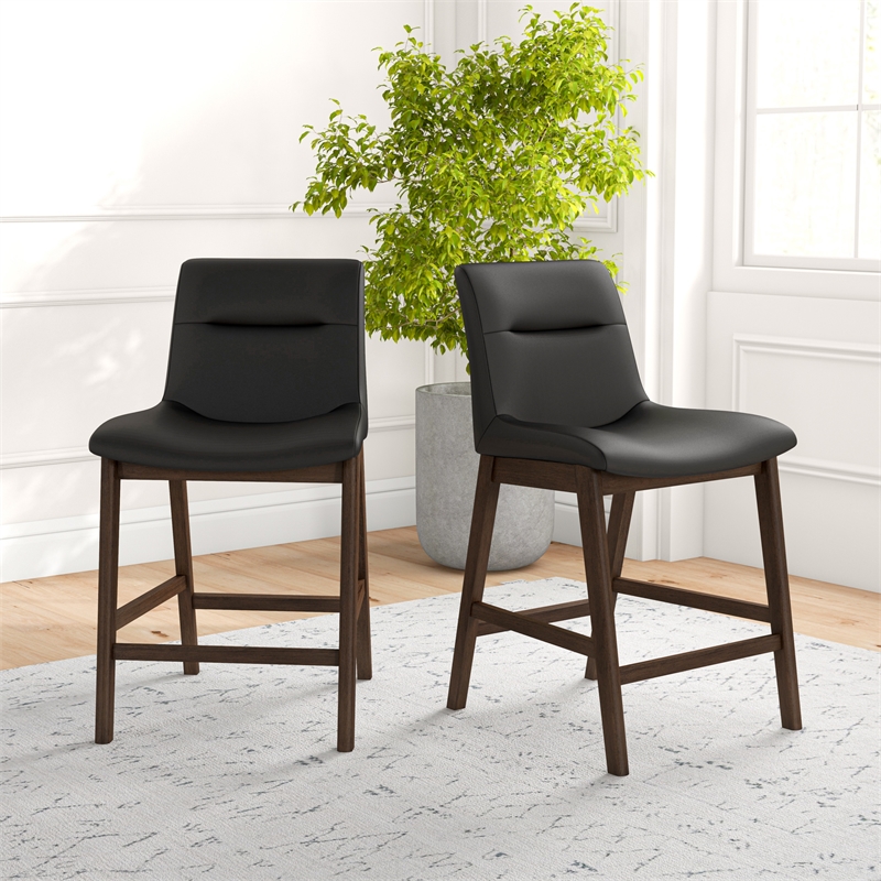 Ashcroft Helena Leather Upholstered Counter Stool in Black (Set of 2)