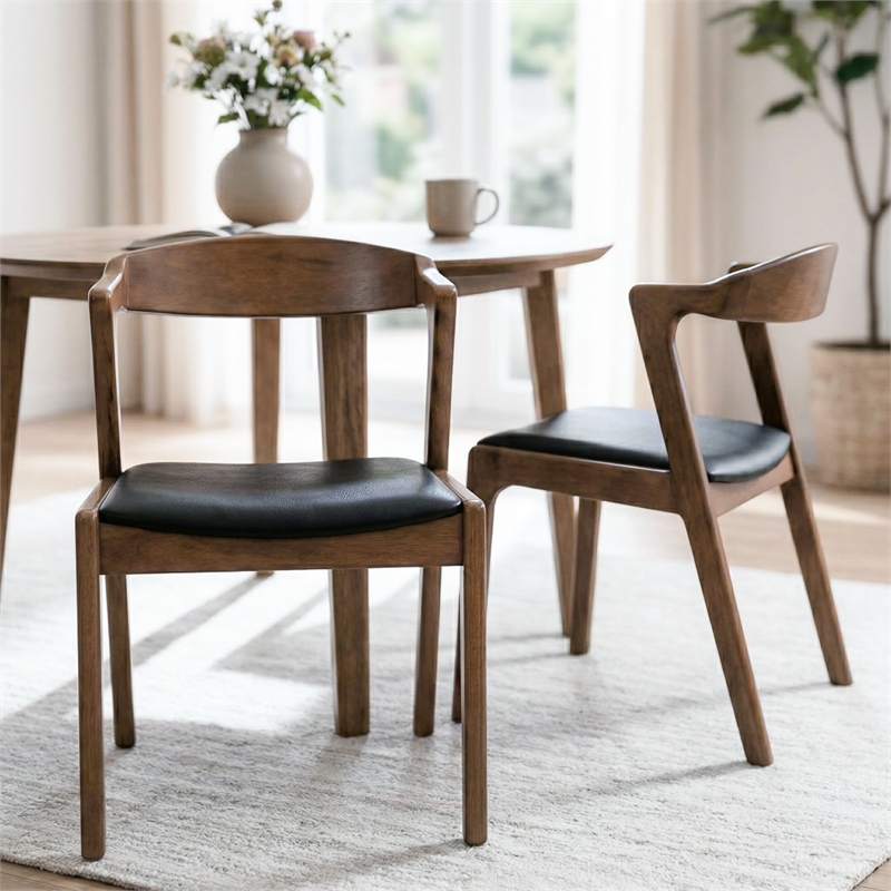 Roxy Mid-Century Modern Faux Leather Dining Chair in Black (Set of 2)