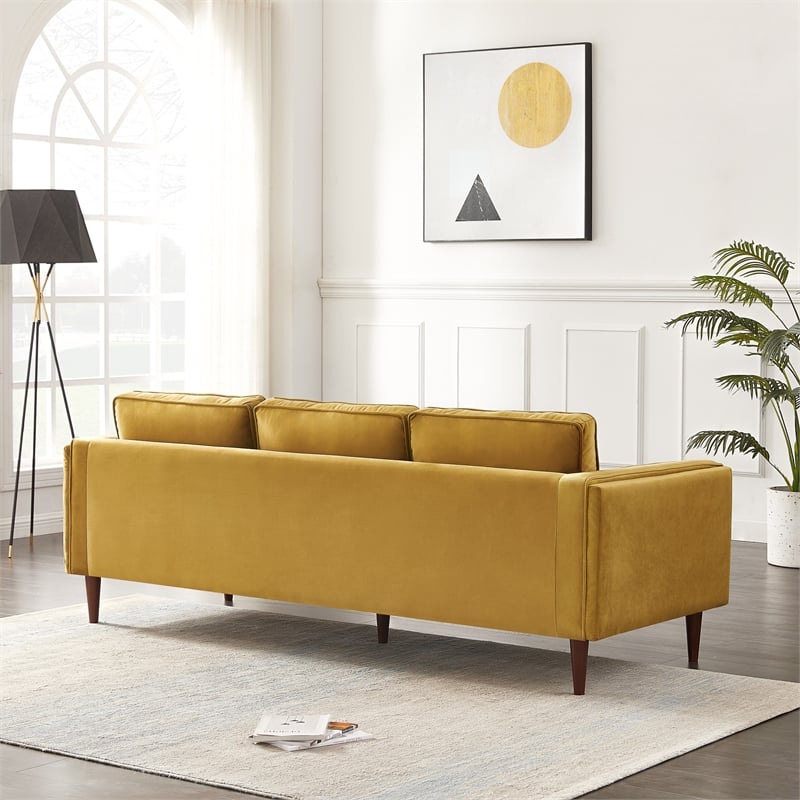 Hudson Living Room Mid Century Modern Pillow Back Velvet Sofa in Dark Yellow