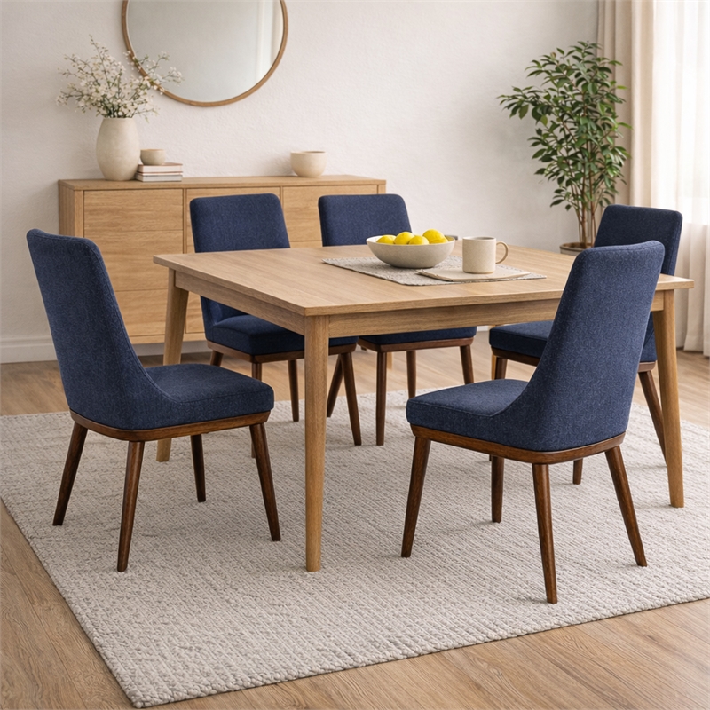 Grayson Mid-Century Modern Polyester Blend Fabric Dining Chair in Blue (Pair)