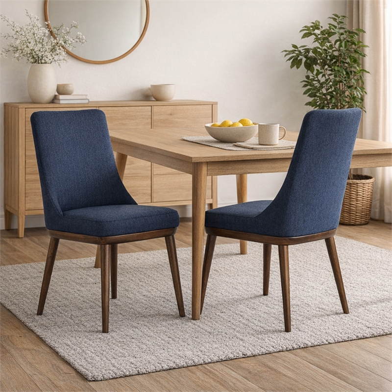 Grayson Mid-Century Modern Polyester Blend Fabric Dining Chair in Blue (Pair)