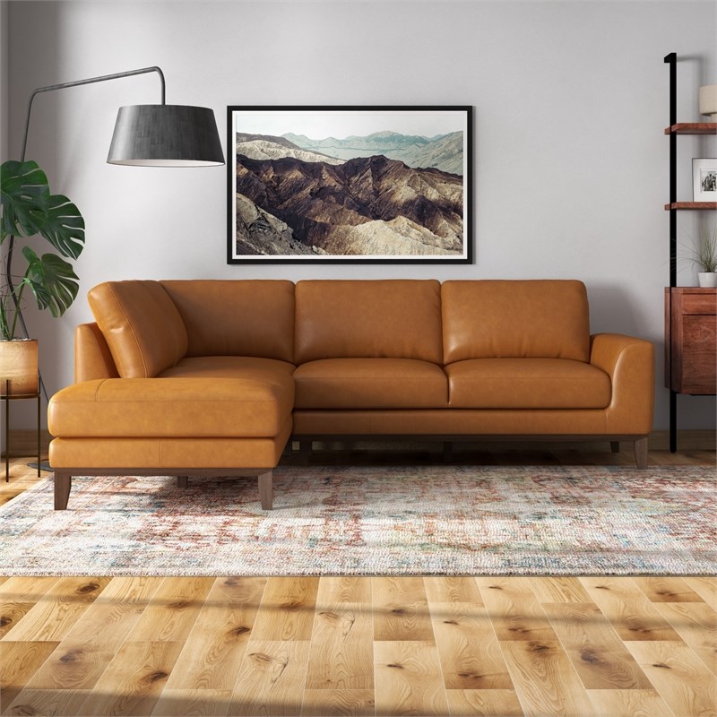 Milton Modern Living Room Top Leather Corner Sectional Sofa in Cognac Tan