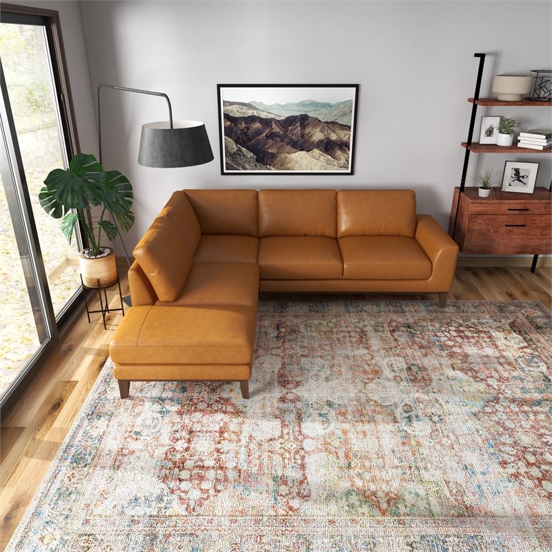 Milton Modern Living Room Top Leather Corner Sectional Sofa in Cognac Tan