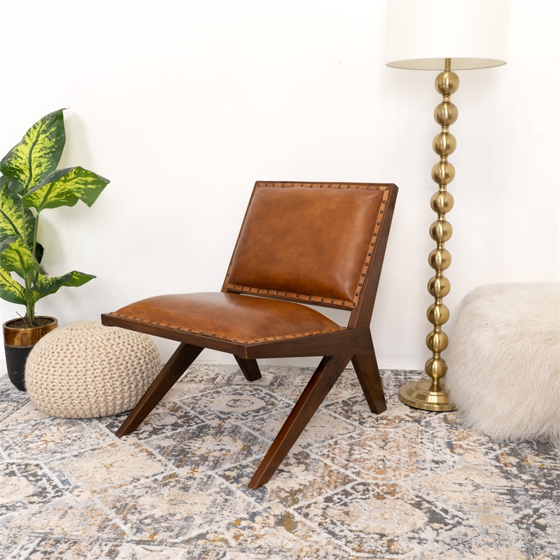 Malon Mid Century Modern Tight Back Genuine Leather Lounge Chair in Tan