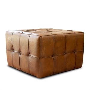 Bumble Mid-Century Modern 27.5-inch Square Genuine Leather Ottoman in Brown