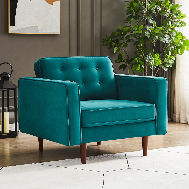 Harriet Mid-Century Modern Pillow Back Velvet Upholstered Armchair in Teal