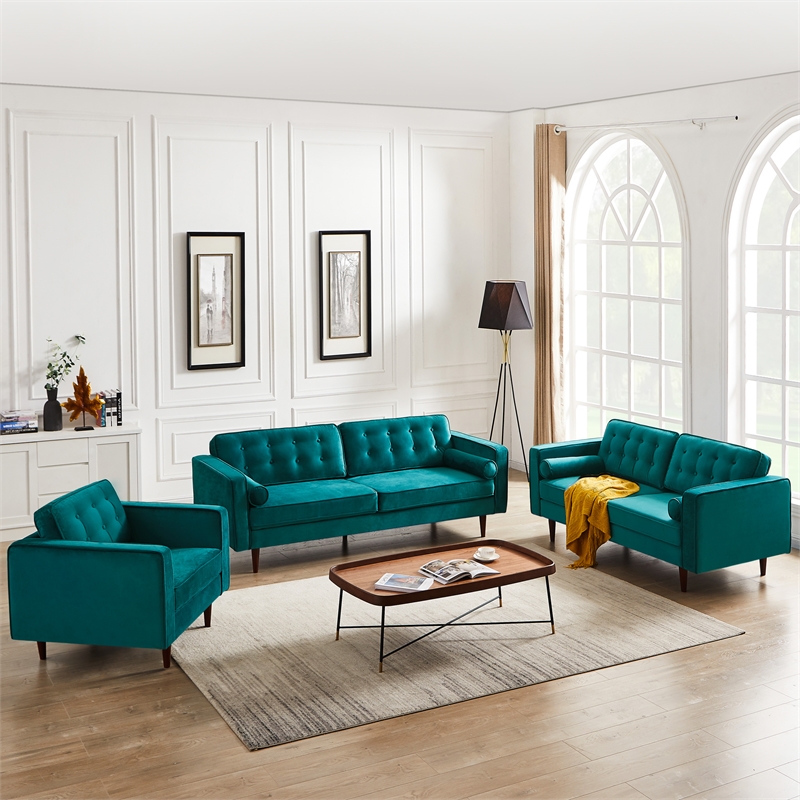 Harriet Mid-Century Modern Pillow Back Velvet Upholstered Armchair in Teal