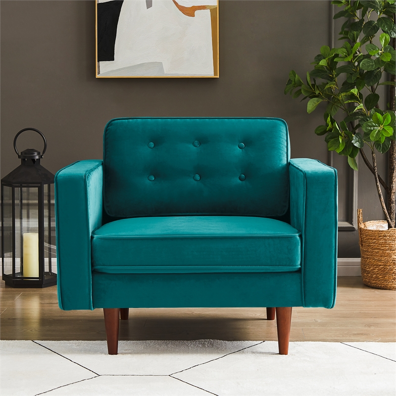 Harriet Mid-Century Modern Pillow Back Velvet Upholstered Armchair in Teal