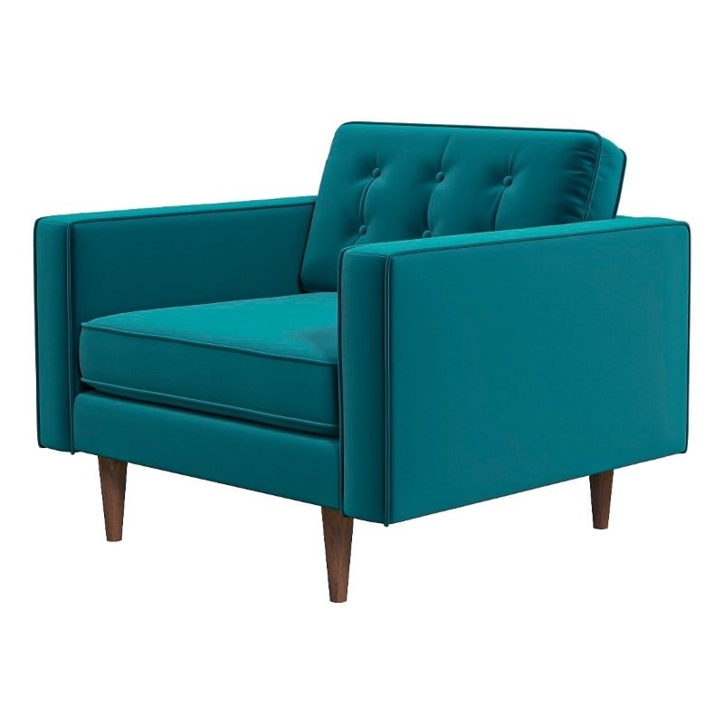 Harriet Mid-Century Modern Pillow Back Velvet Armchair in Turquoise