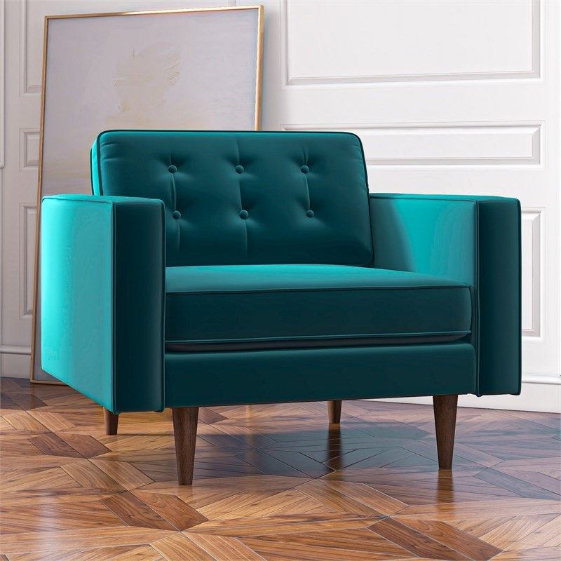 Harriet Mid-Century Modern Pillow Back Velvet Armchair in Turquoise