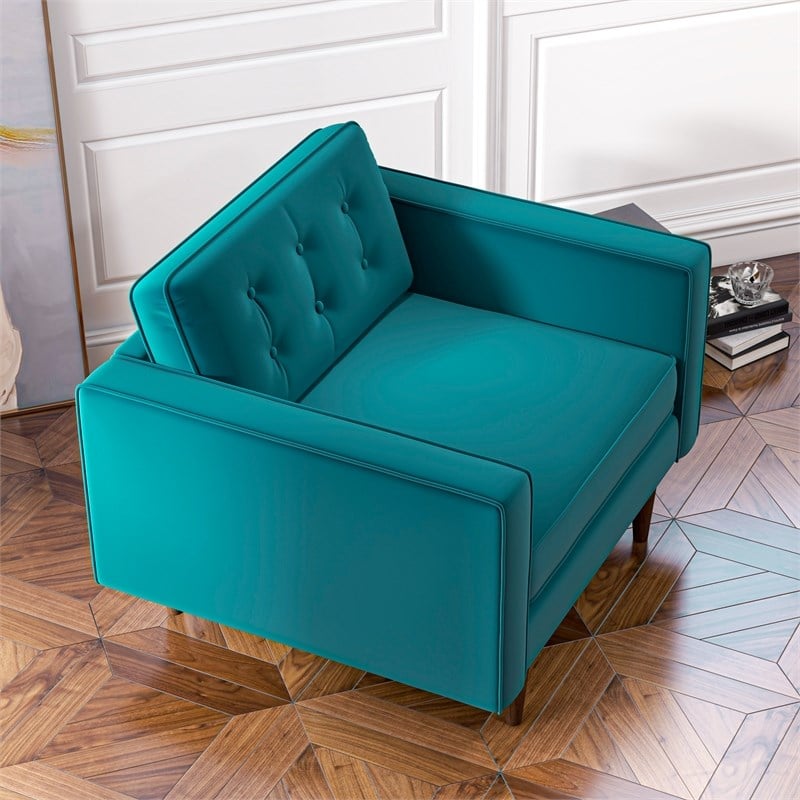 Harriet Mid-Century Modern Pillow Back Velvet Armchair in Turquoise