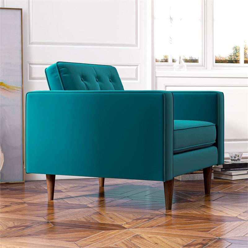 Harriet Mid-Century Modern Pillow Back Velvet Armchair in Turquoise