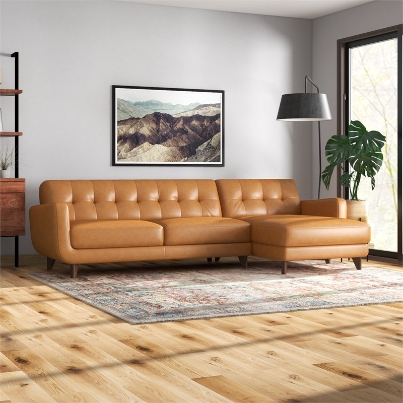 Eldorado Modern Living Room Top Leather Corner Sectional Couch in Cognac Tan