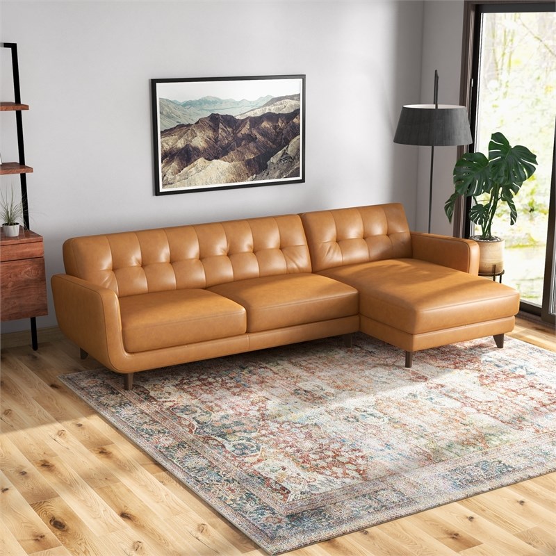 Eldorado Modern Living Room Top Leather Corner Sectional Couch in Cognac Tan