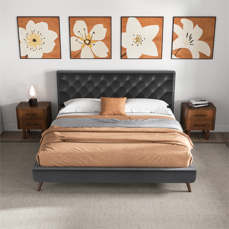 Alice Mid Century Modern Gray Velvet Upholstered King Platform Bed