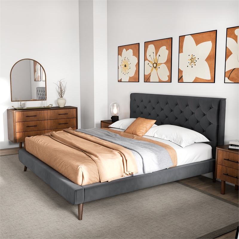 Alice Mid Century Modern Gray Velvet Upholstered King Platform Bed