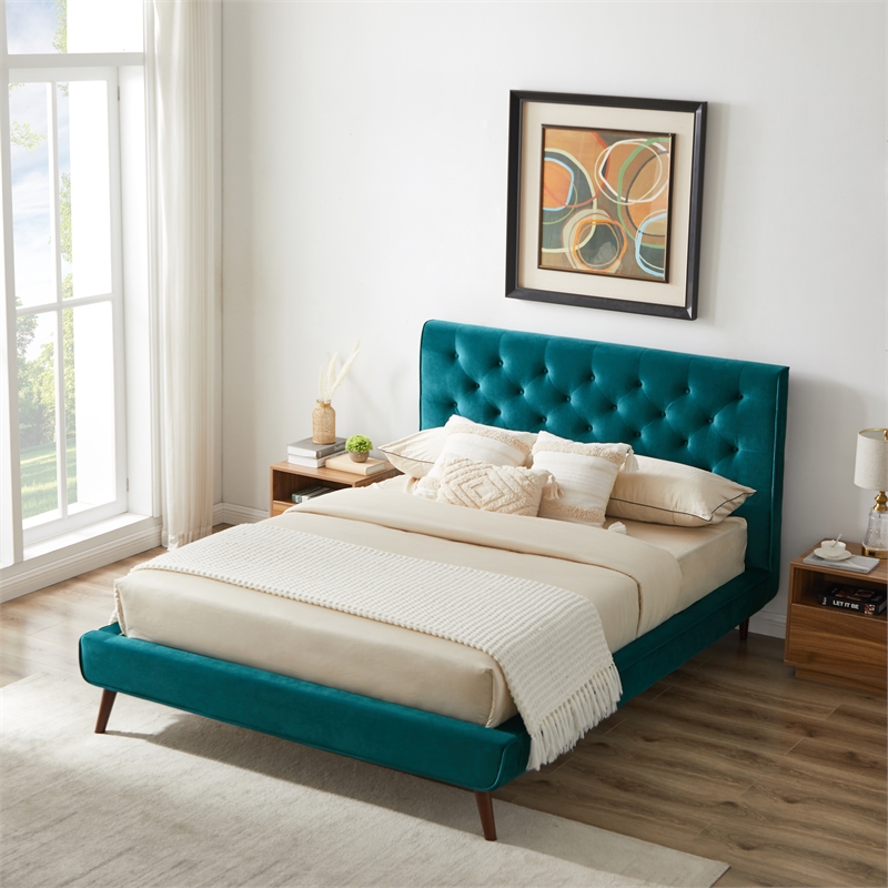 Alice Mid Century Modern Turquoise Velvet Upholstered Queen Platform Bed