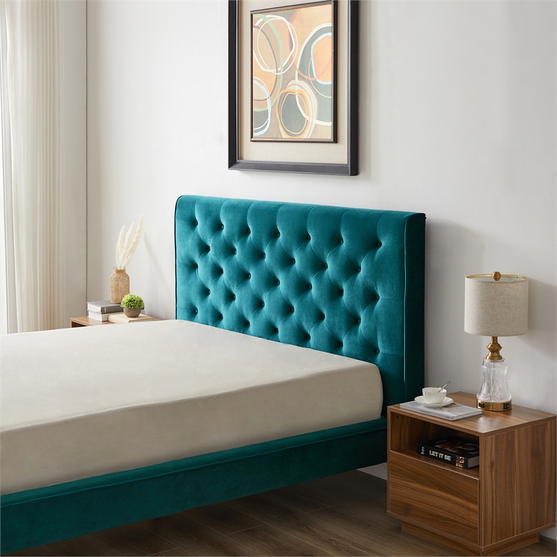 Alice Mid Century Modern Turquoise Velvet Upholstered Queen Platform Bed