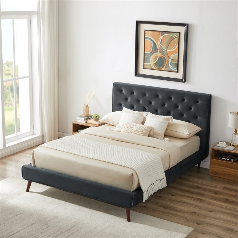 Alice Mid Century Modern Gray Velvet Upholstered Queen Platform Bed