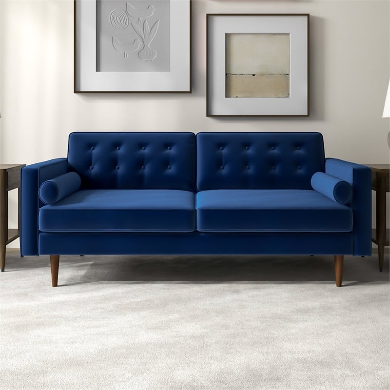 Lucca Mid-Century Modern Pillow Back Velvet Loveseat in Blue