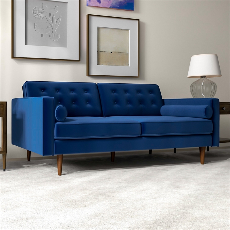 Lucca Mid-Century Modern Pillow Back Velvet Loveseat in Blue