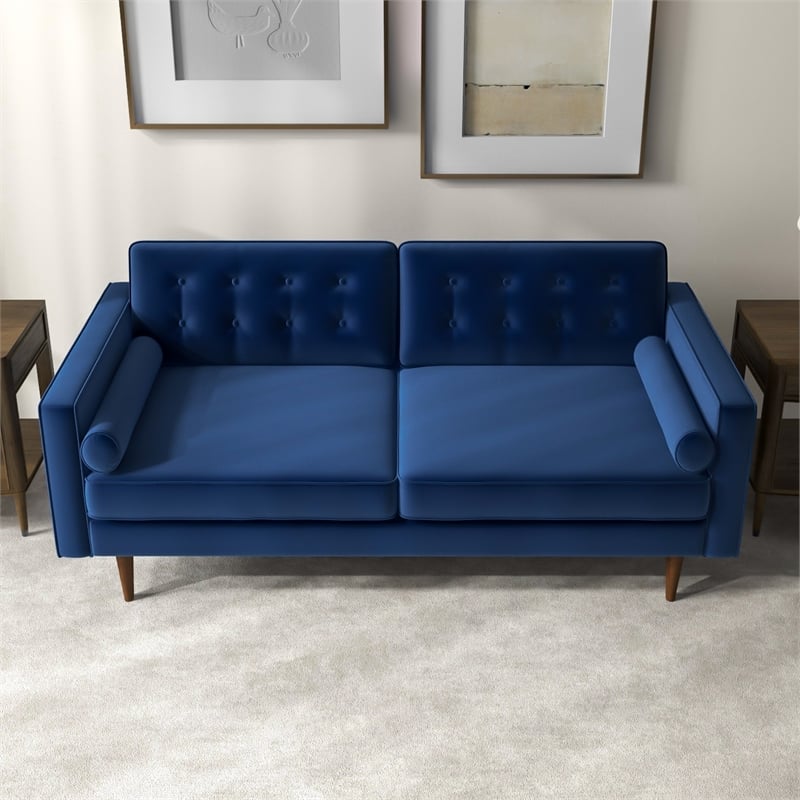 Lucca Mid-Century Modern Pillow Back Velvet Loveseat in Blue