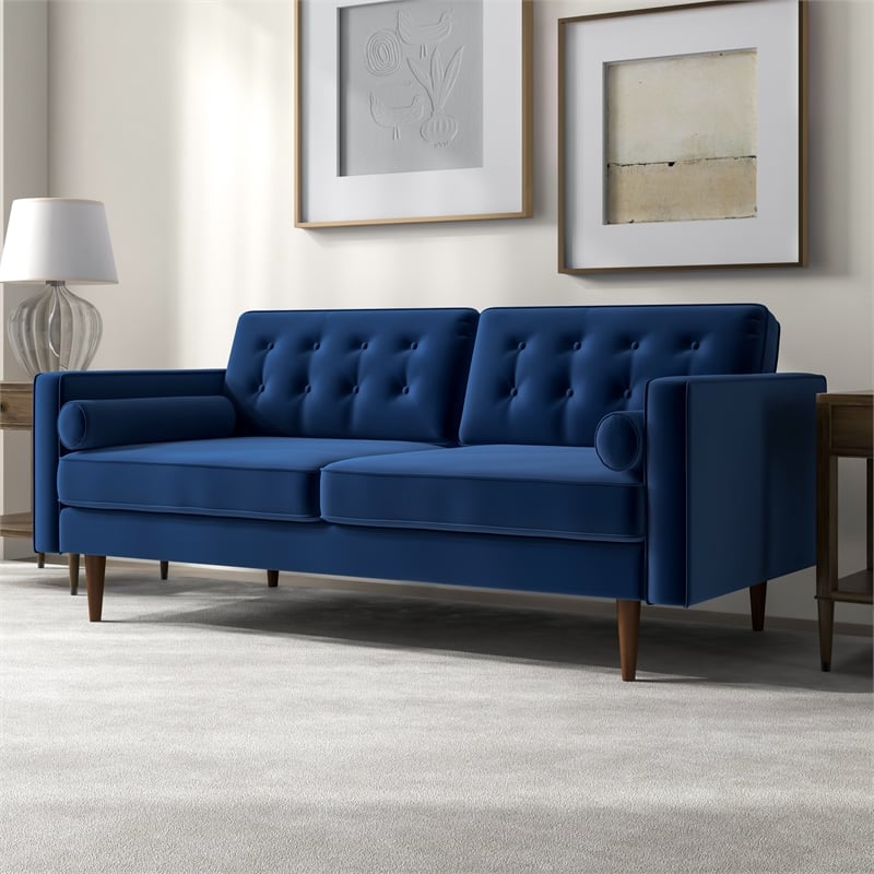 Lucca Mid-Century Modern Pillow Back Velvet Loveseat in Blue