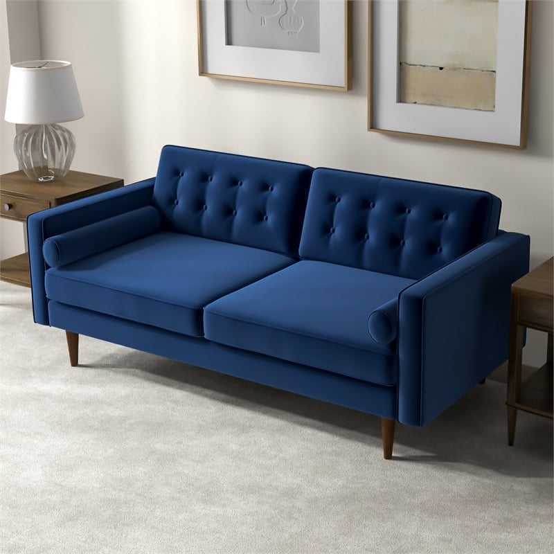 Lucca Mid-Century Modern Pillow Back Velvet Loveseat in Blue