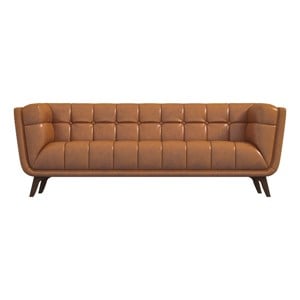 Allen Mid Century Modern Tufted Genuine Leather Sofa in Cognac Tan